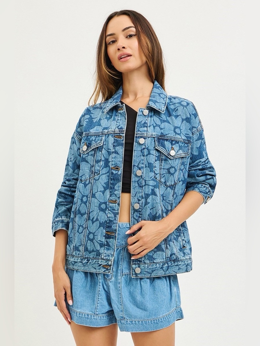 RDJ9283 DARK Risen Flower Print Boxy Denim Jacket - Picture 1 of 4